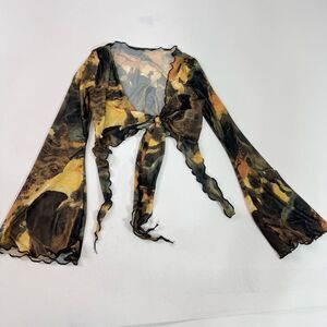 SHEIN Crop Tops Women Medium Grunge Marble Print lettuce Trim Tie Front Mesh Y2K